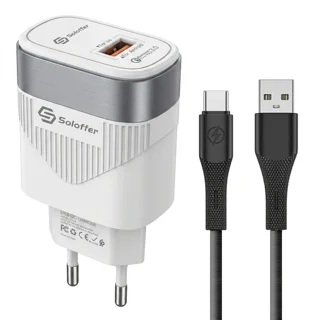آداپتور فست شارژ با یک خروجی QC3.0 به همراه کابل تایپ سی مدل Soloffer TC50 (اورجینال+گارانتی)